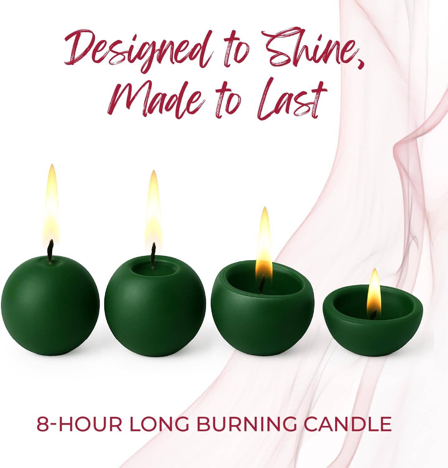 Four Pine Green Ball Candles, 2.5" diameter, shown burning at various stages. Designed to Shine, Made to Last—these unscented decorative candles offer 8-hour burn time for lasting elegance.