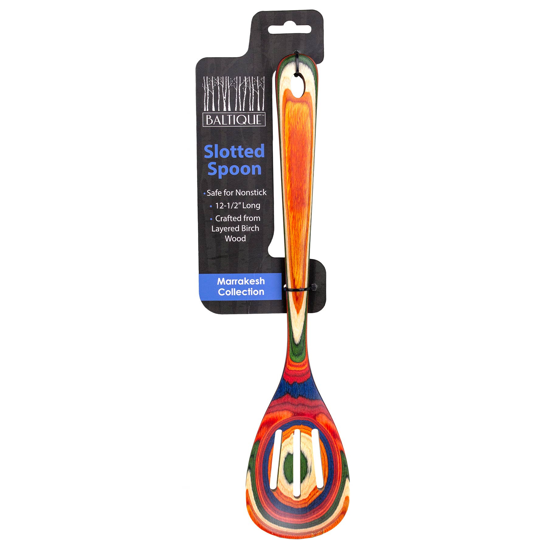The Utensil: Marrakesh Collection Slotted Wooden Cooking Spoon is a vibrant 12.5-inch non-stick safe spoon, beautifully displayed with its product tag.