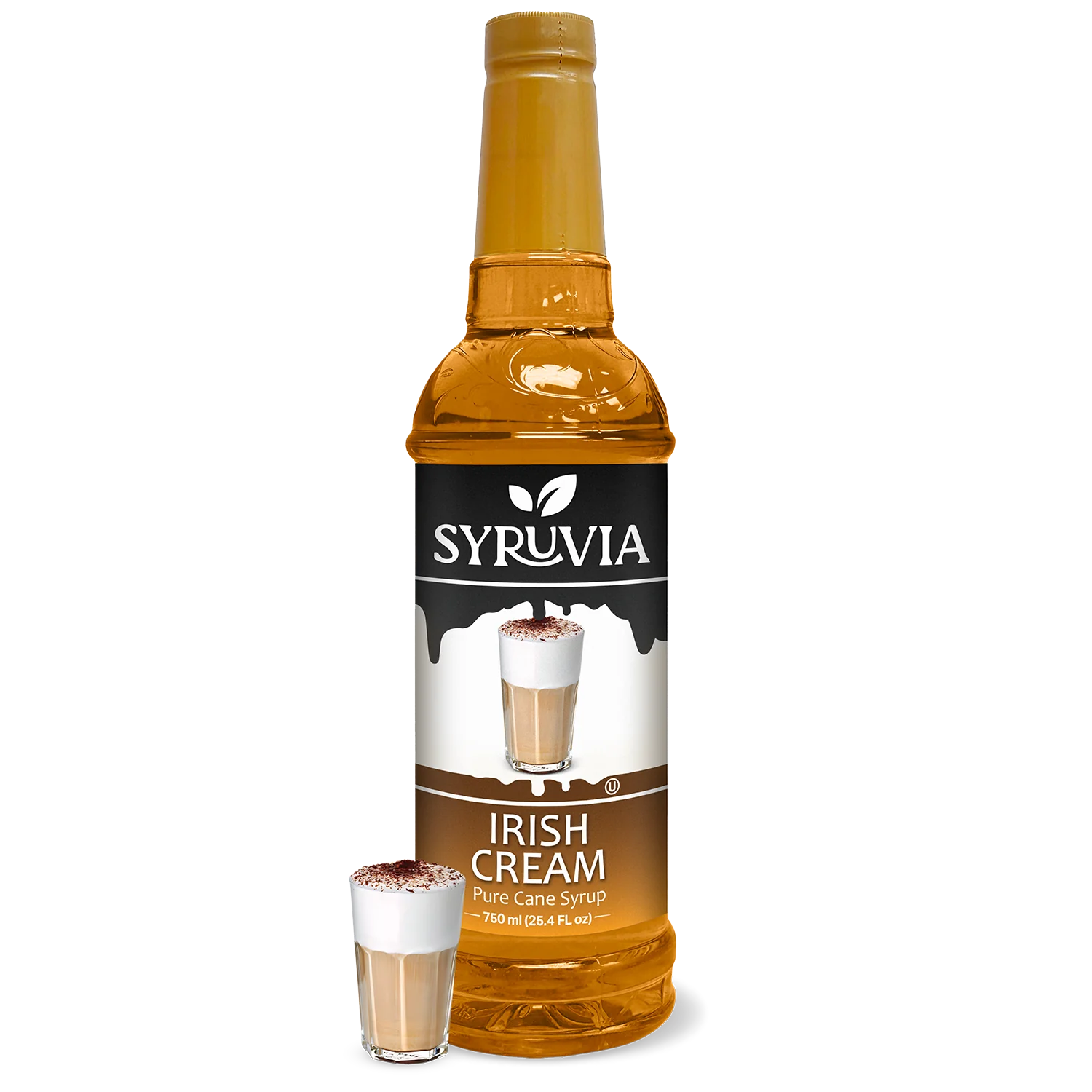 A bottle of Syruvia Irish Cream Coffee Syrup Pure Cane Sugar sits next to a small glass of Irish cream topped with cocoa powder—deliciously gluten-free.