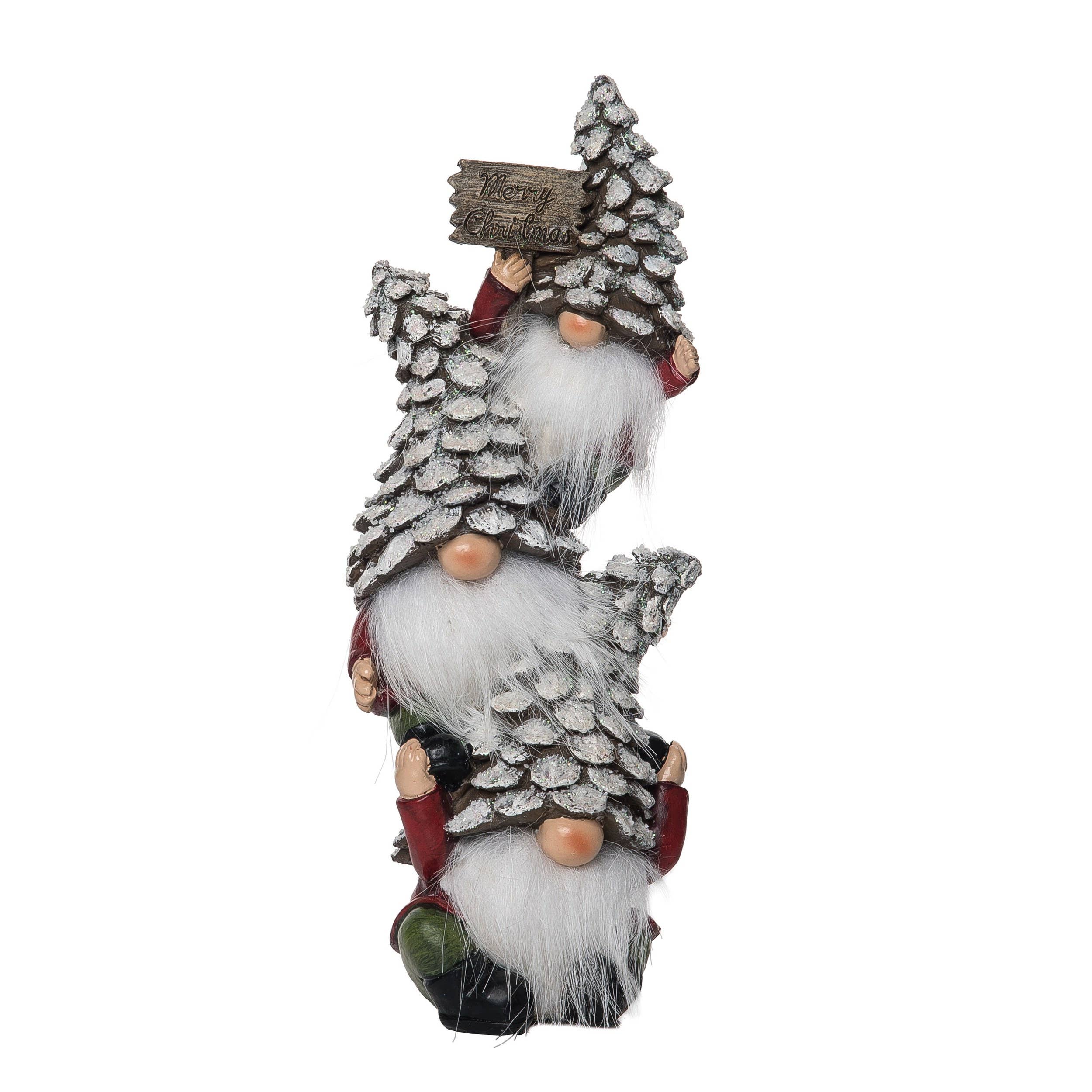 The Gnomes: Three Christmas Pinecone Gnomes Stacked with Merry Christmas Sign 11 Tall features three festive gnomes with white beards and pinecone hats, topped by one holding a Merry Christmas sign—a charming Scandinavian decoration.