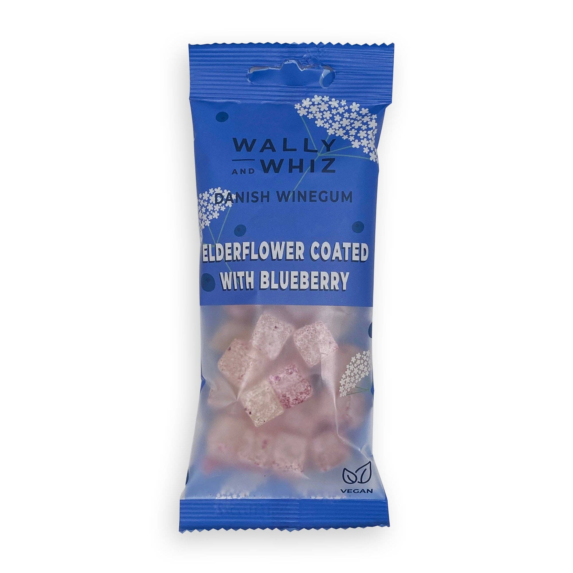 A 56g blue packet of Wally & Whiz Danish Gummy Cubes in Elderflower with Blueberry, featuring vegan and gluten-free pink and purple candies.