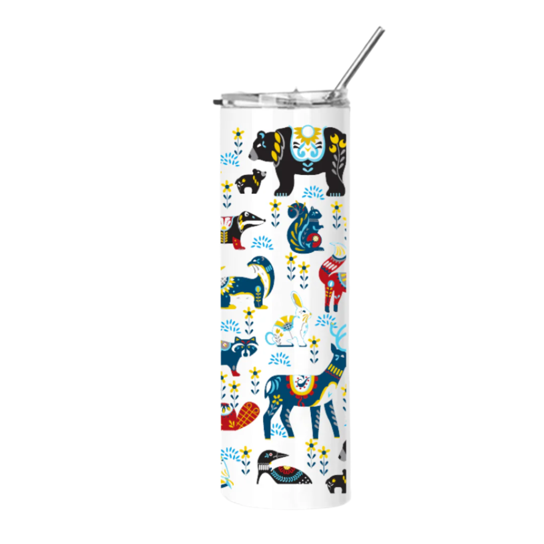 The 30 oz. Straight Insulated Tumbler features Dala Animals artwork by Cindy Lindgren, vibrant floral patterns, and a metal straw, all set on a crisp white background.