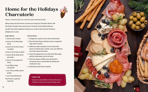 A festive charcuterie board with meats, cheeses, grapes, olives, and crackers is given a modern twist. Discover the perfect recipe in Taylor Vances Cozy Christmas Cookbook: 50 Recipes to Rediscover the Magic of the Season that will delight every holiday guest.