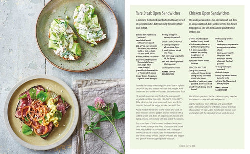 A cookbook spread from Smorrebrod Scandinavian Open Sandwiches by Bronte Aurell shows two plates on the left and her recipes for rare steak and chicken open sandwiches on the right.