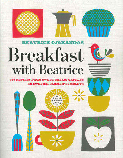 Cover of the book *Breakfast with Beatrice* by Beatrice Ojakangas, showcasing lively illustrations of kitchenware and breakfast foods.