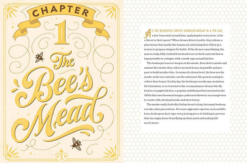 Chapter 1 of "Mead: The Libations, Legends, & Lore of History's Oldest Drink" by Fred Minnick features decorative yellow lettering and covers beekeepers, bee behavior, and home-brewing mead.