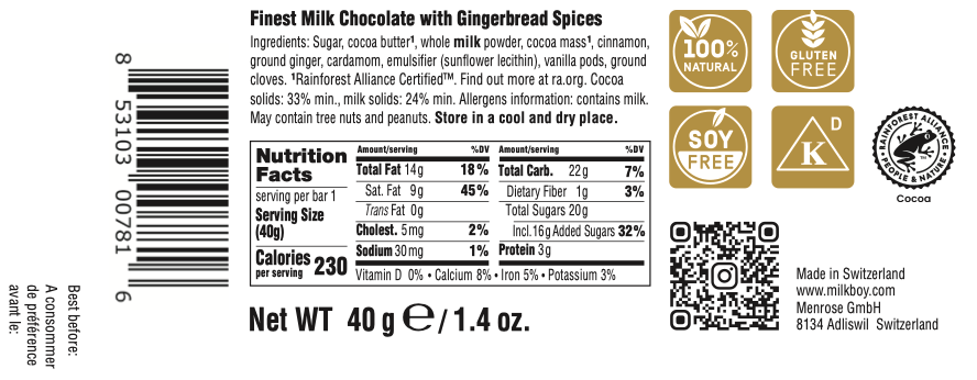 The label for MilkBoy Gingerbread Spices Milk Chocolate Snack Size Bars 1.4oz displays nutrition facts, ingredient list, allergens, certification icons, serving size, calories, and manufacturer info in English for this limited edition chocolate.