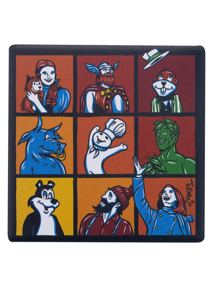 A grid of nine colorful squares with cartoon-style portraits of famous Minnesota icons on a gradient background—perfect as the "Coaster: Minnesota Bunch Coaster Featuring Our Famous Icons.