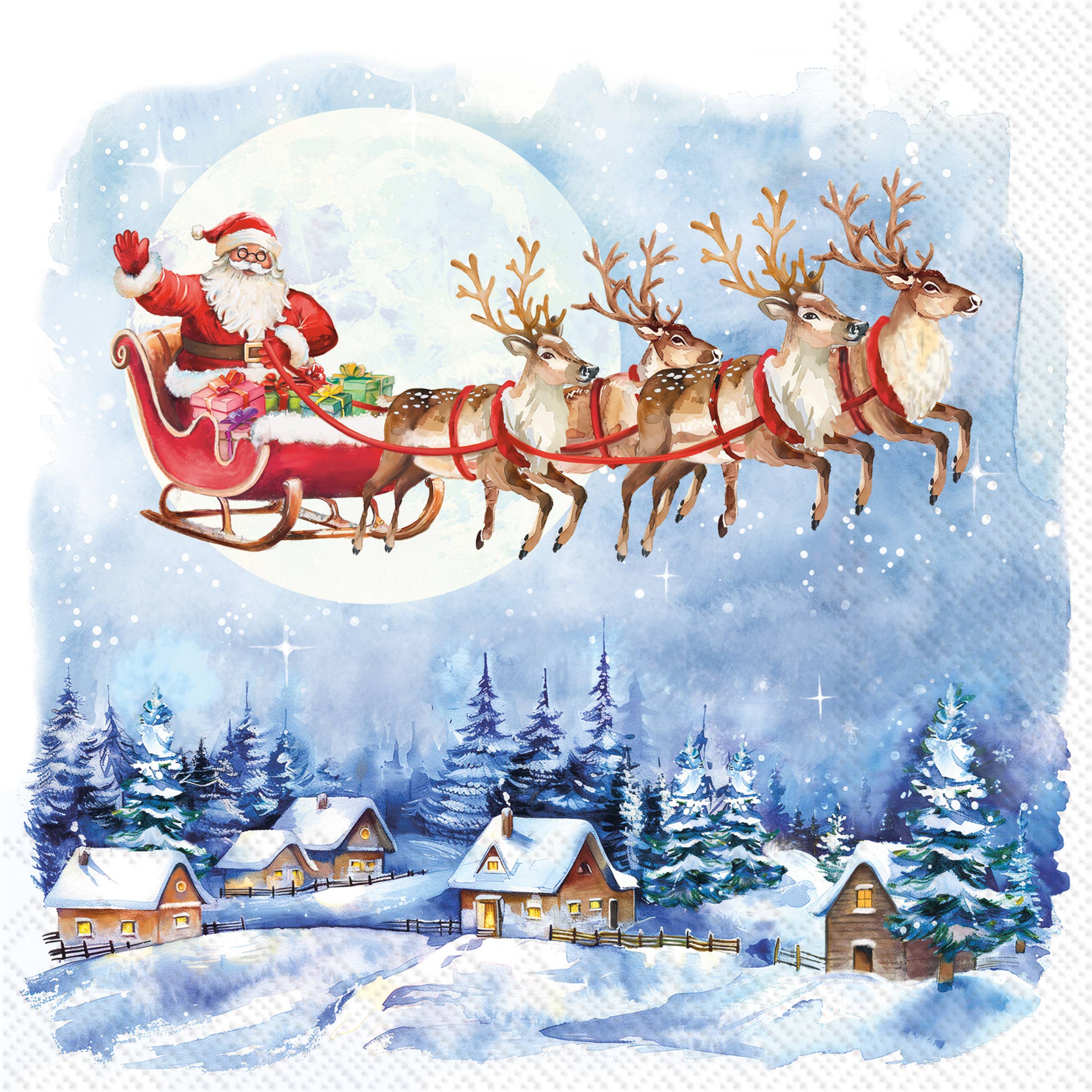 Santa Claus rides a red sleigh with four reindeer above a snowy village, where festive cheer begins with Santa’s Wonderland Christmas Paper Cocktail Napkins (20ct) for your holiday entertaining.