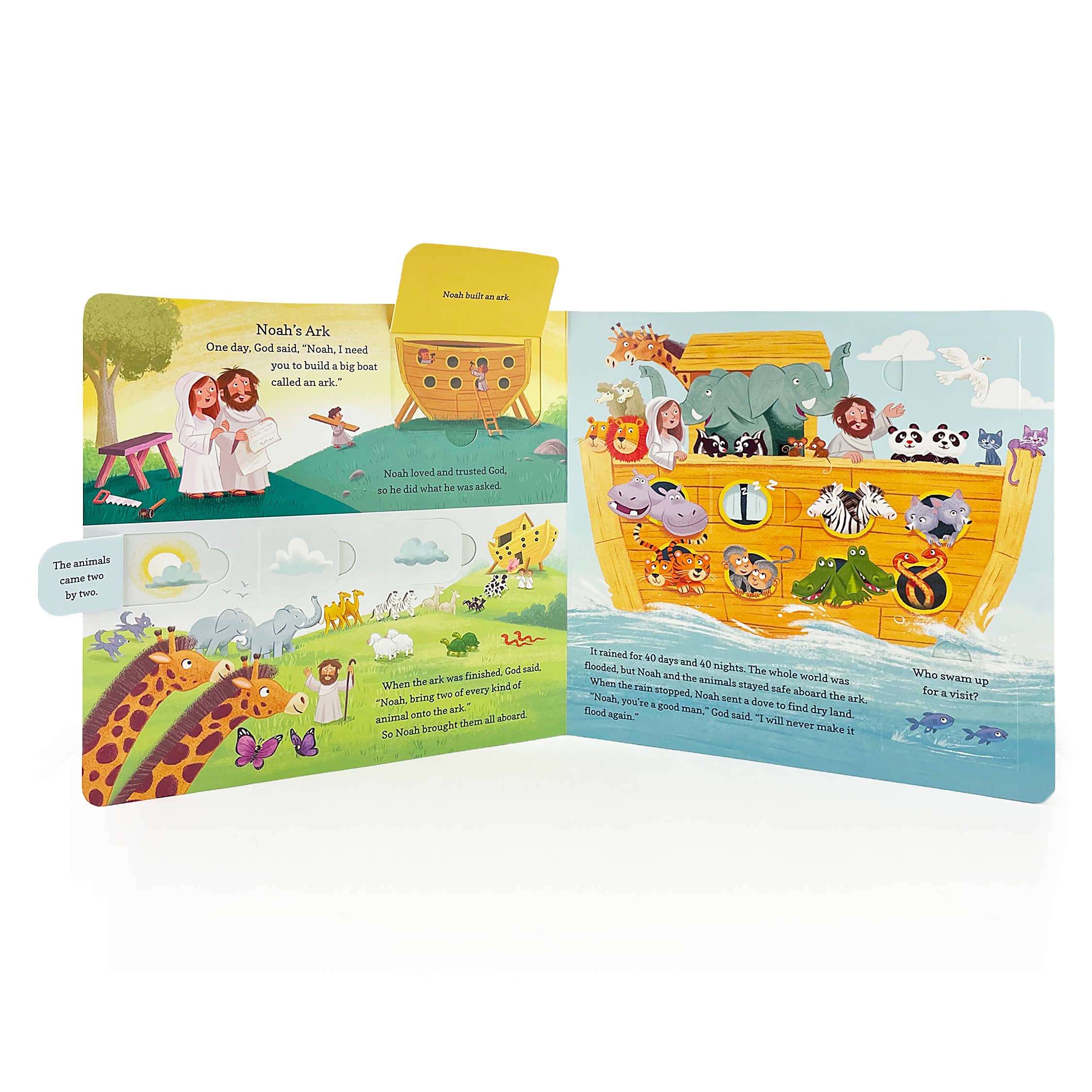 The Book: Best-Loved Bible Stories Lift-a-Flap Board Book is an illustrated Christian children’s book featuring Noah’s Ark, animals in pairs, Noah’s family, and interactive flaps that reveal hidden animals and story text.