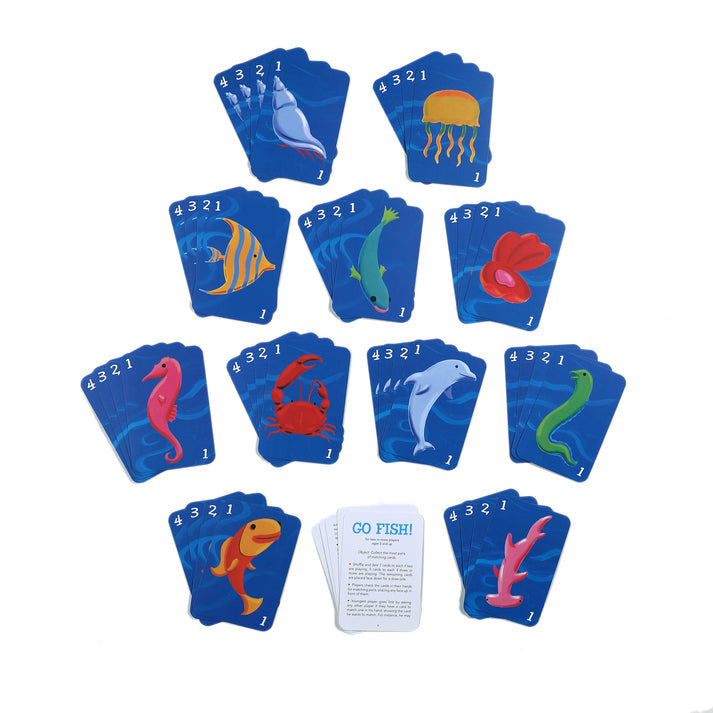 The Go Fish Card Game features a deck of playing cards with underwater creatures, like dolphins and jellyfish. Inspired by Dan Yaccarinos playful style, it includes instructions and promises a fun splash for lively play.
