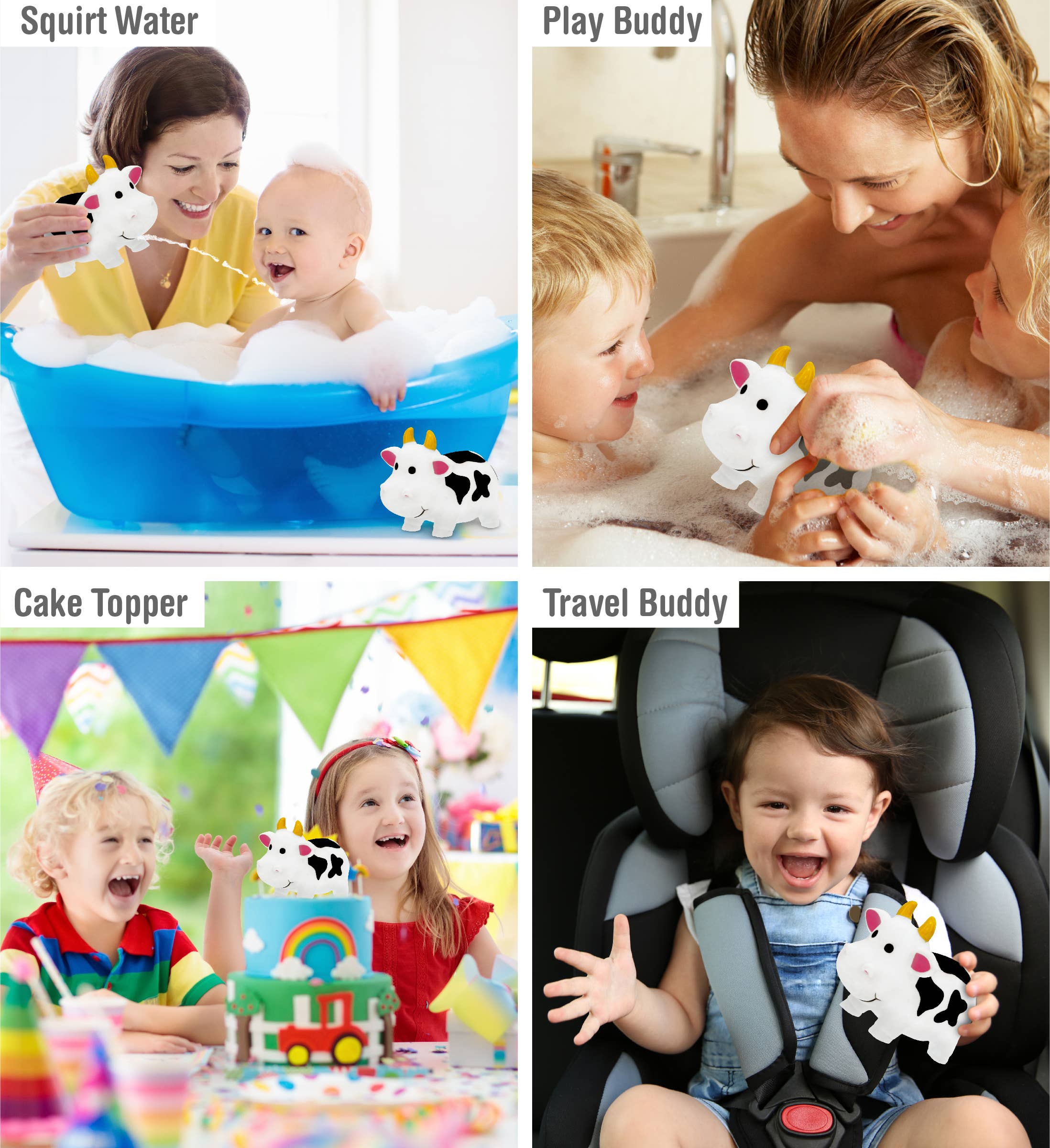 The Bath Toy: Cow Bath Water Squirter is shown as a play buddy, cake topper, and travel companion for young children in different settings.