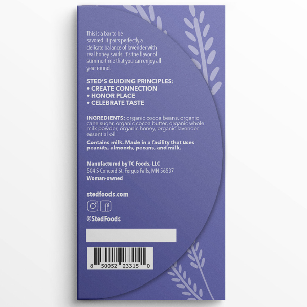 Purple chocolate wrapper with white text listing ingredients, organic milk chocolate and allergen info, and decorative lavender illustrations.