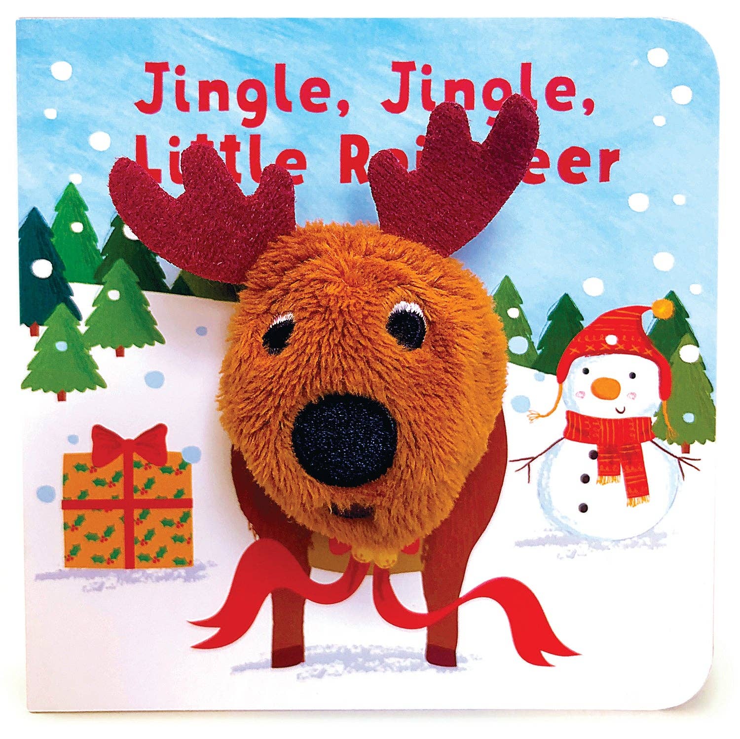 Book: Jingle, Jingle, Little Reindeer Finger Puppet Board Book features a reindeer finger puppet, snowy scenes, Christmas trees, presents, and a snowman in a red hat and scarf—an interactive holiday book for babies.