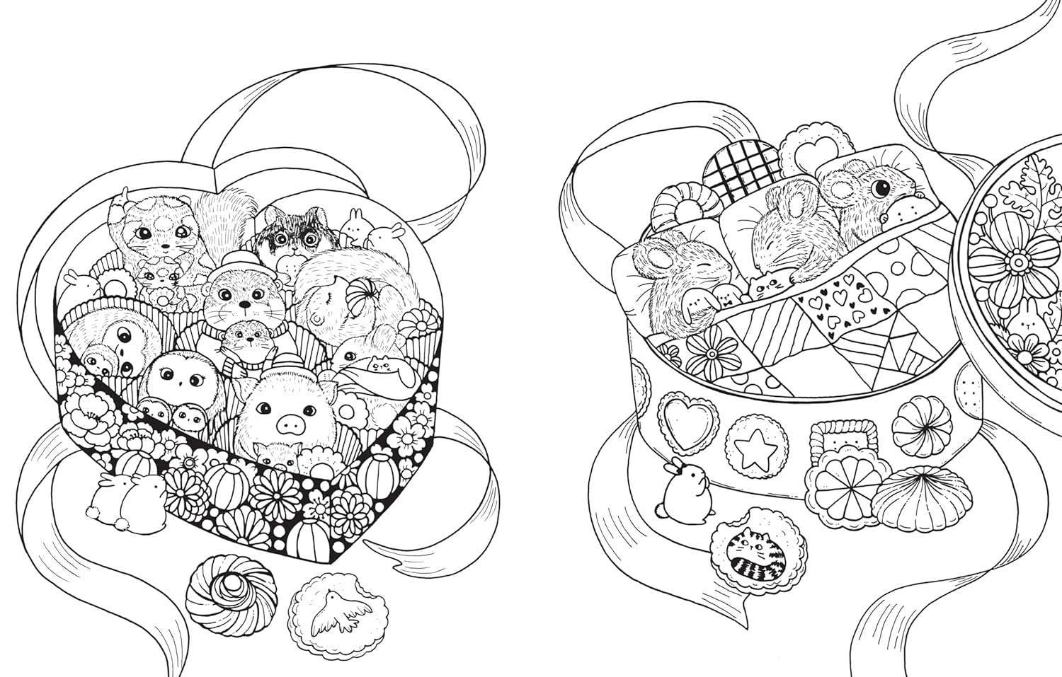 Whimsical Lulu Mayo style drawing of two heart-shaped boxes—one with baby animals and one with candies—surrounded by flowing ribbons, perfect for kids and adults to color in A Million Baby Animals Coloring Book by Lulu Mayo.