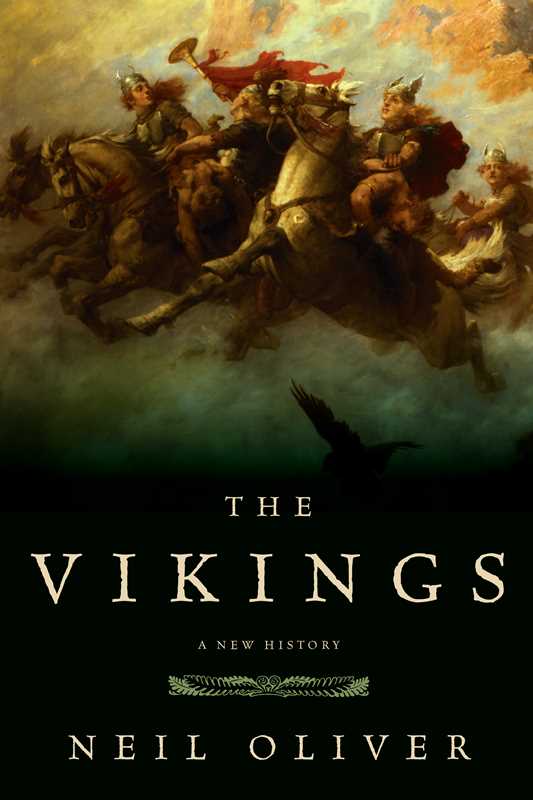 Book cover featuring a painting of Viking warriors on horseback in battle under dramatic clouds, with title and author text above and a raven silhouette below.