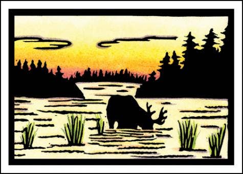 The Evening Drink Moose by Sarah Angst is a 5x7 greeting card featuring a moose in a sunset marsh scene, blank inside and includes an envelope.