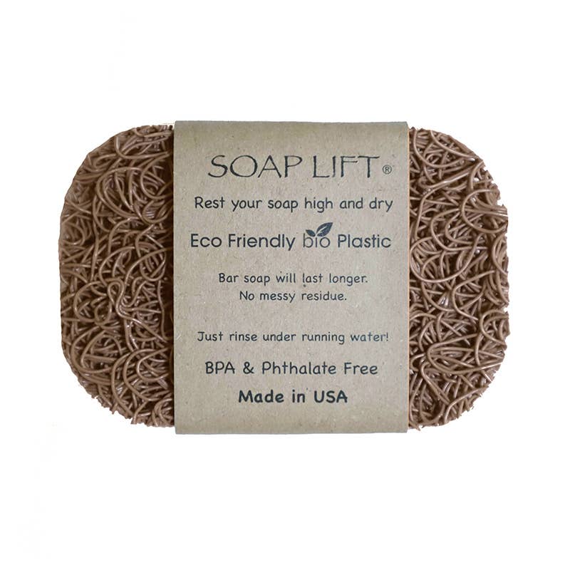 The Soap Lift: The Original Soap Lift Soap Saver in brown is eco-friendly, made in the USA from bio plastic, BPA and phthalate free. Its label highlights its planet-friendly design that keeps your soap dry.