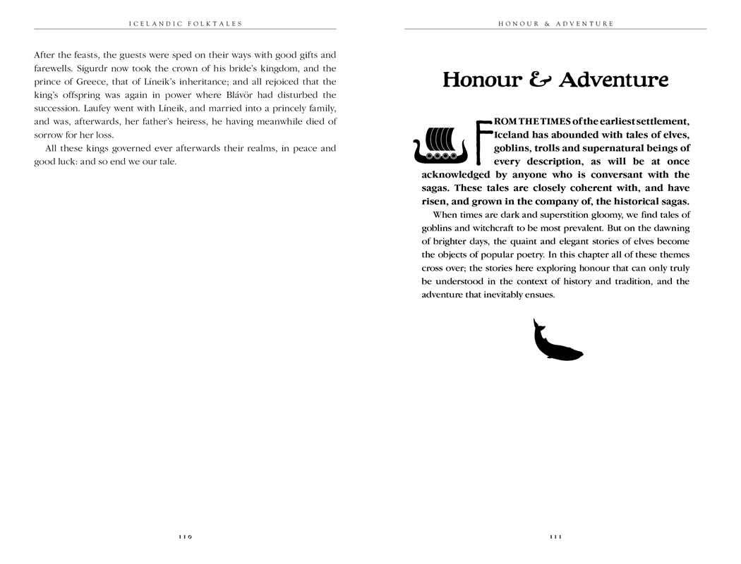 Two pages from Icelandic Folktales (UK Paperback, 256 pages): the left discusses Icelandic folktales and Viking fairy stories; the right opens a chapter called Honour & Adventure, featuring an illustrated whale.