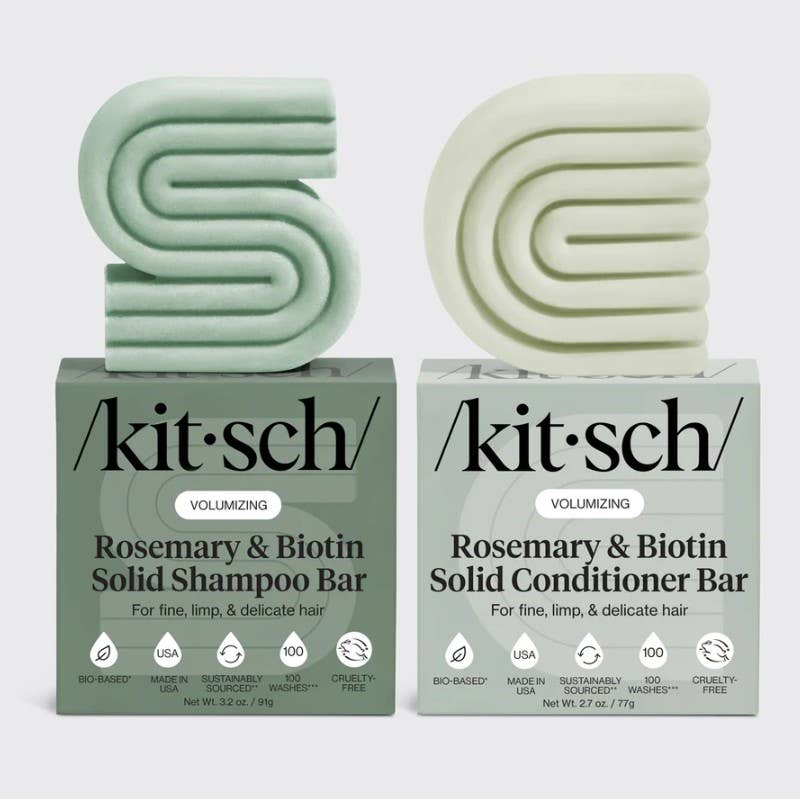 The Kitsh Hair: Rosemary & Biotin Volumizing Shampoo & Conditioner Bar Combo includes two 2.7oz bars—ideal for those seeking sulfate-free haircare and the benefits of rosemary and biotin in solid form.