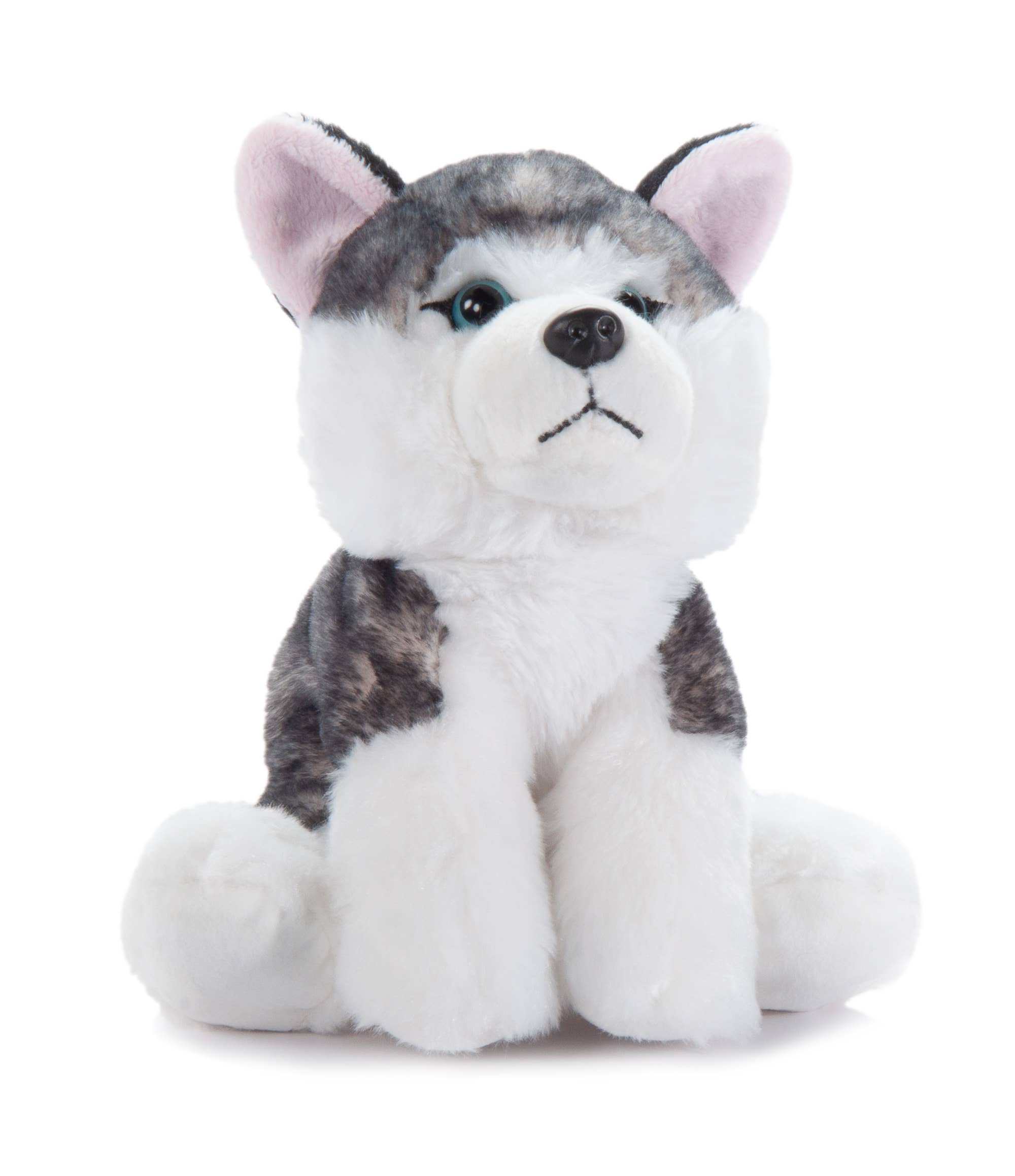 The Plush: Husky Dog 9 Tall Stuffed Animal features gray and white fur, a black nose, blue eyes, and upright ears. Sitting on a white background, this adorable 9-inch plush is perfect for cuddling.