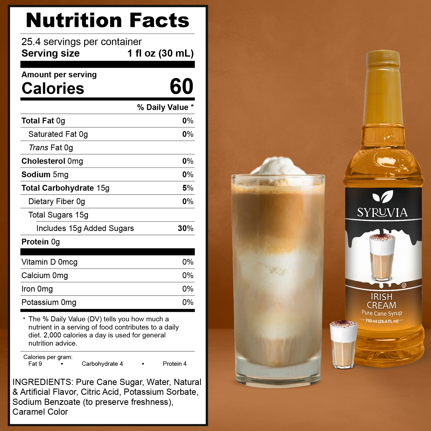 A bottle of Syruvia Pure Cane Sugar Irish Cream Coffee Syrup stands next to a glass of iced coffee with cream foam; nutrition facts and ingredients are shown on the left side of the image.