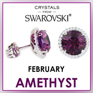 These Amethyst Purple Swarovski Crystal Handmade Silver Solitaire Stud earrings, finished with 14K White Gold Rhodium Plating and clear accents, make a perfect gift for a February birthday.