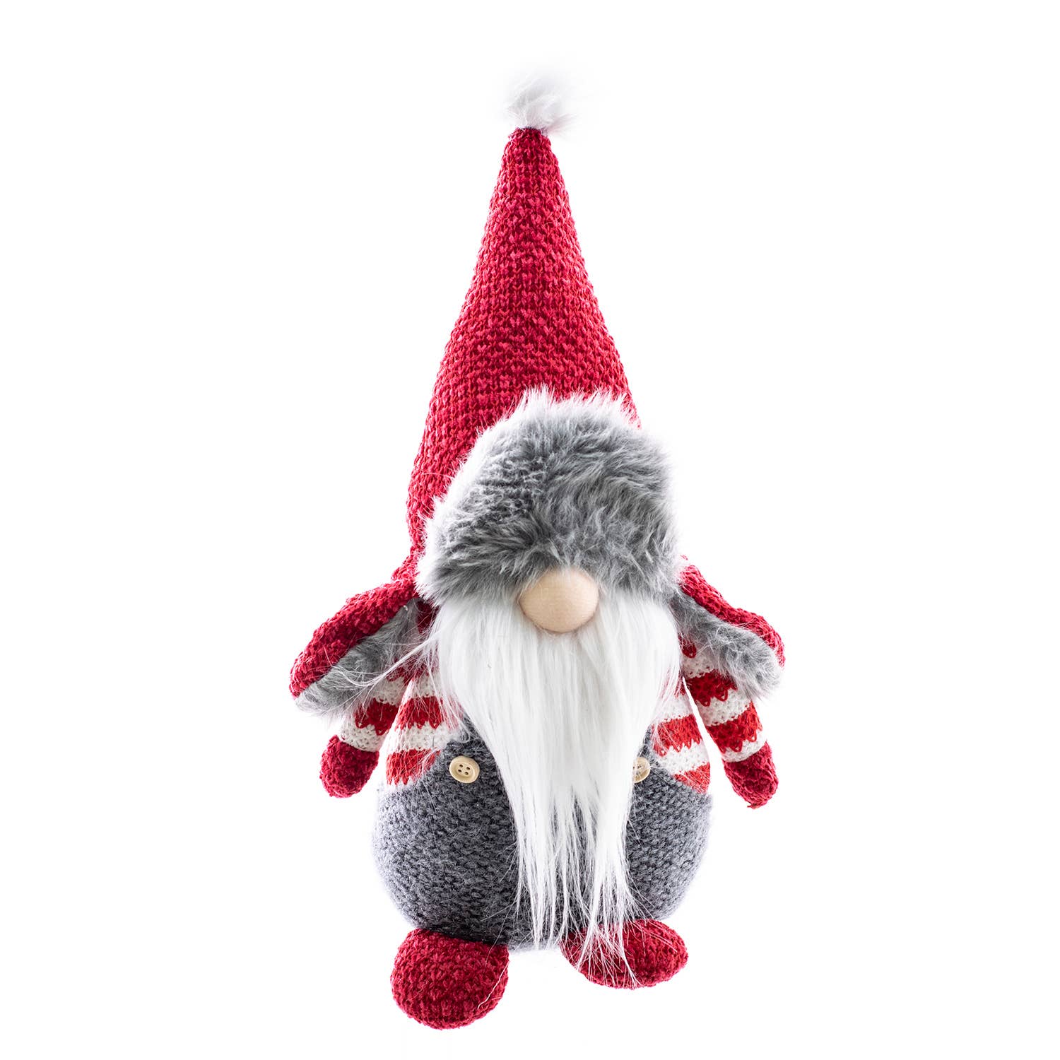 Nicer the Gnome 14" Tall features a plush gray body with button details, long white beard, red knit hat, striped arms, and furry gray nose cover—ideal for holiday décor. Shown isolated on a white background.