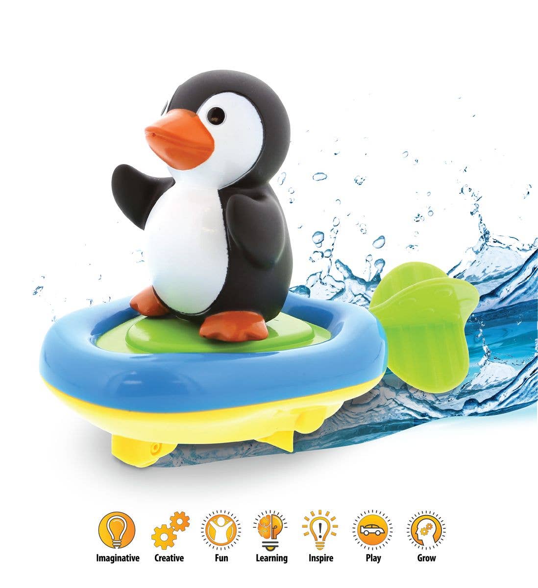 The Bath Toy: Penguin Boat Racers Buddy features a plastic penguin on a blue and green floating base with a propeller, splashing water in the background—ideal for imaginative play and creative, educational fun.