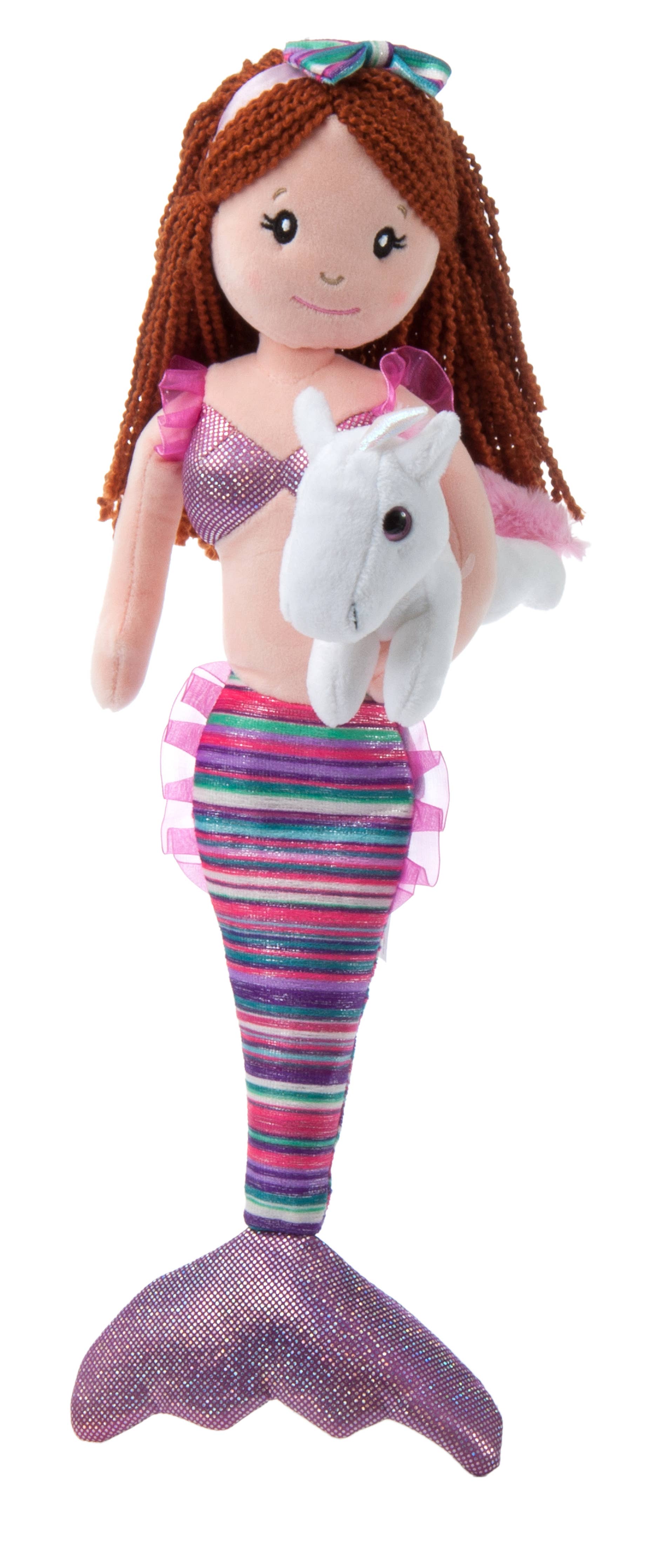 Plush: Boho Mermaid & Unicorn 17 tall stuffed doll featuring a boho mermaid with long brown hair, a striped shiny purple and pink tail, and holding a small white unicorn plush.