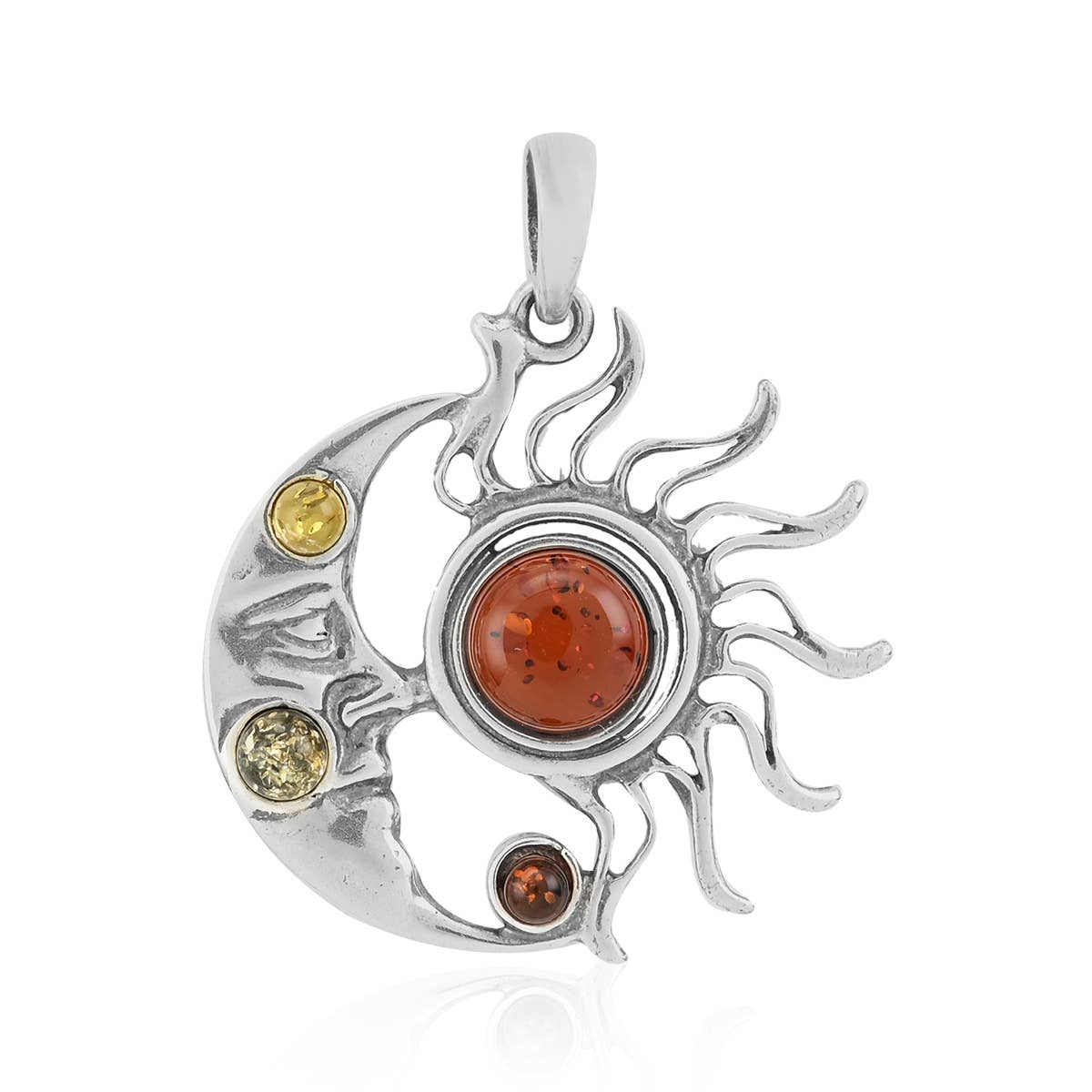 The Multi-Color Amber Sterling Silver Sun and Moon Pendant features red, yellow, and amber Baltic amber stones, beautifully capturing a celestial theme.
