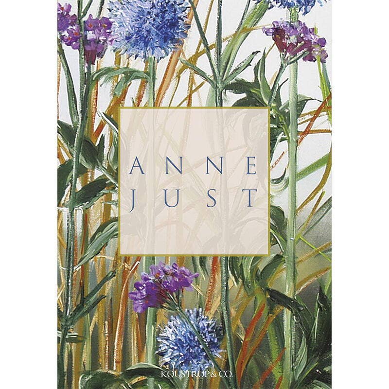 Illustration of purple and blue flowers with green leaves on FSC-certified paper. Anne Just is printed on a beige rectangle in the center, enhancing the elegant design of these beautiful Anne Just cards from the Card Pack: Anne Just Cardfolder 8 Cards w/Envelopes collection.