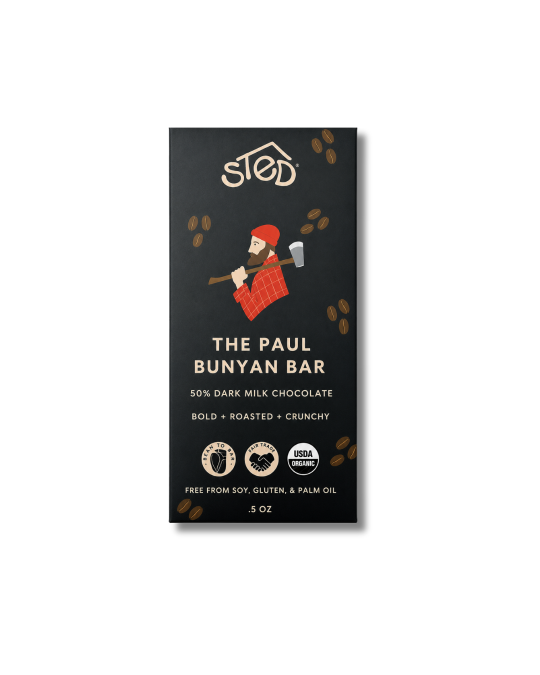 Chocolate bar with packaging showing a lumberjack holding an axe; includes text indicating 50% dark milk chocolate and maple toffee pieces.