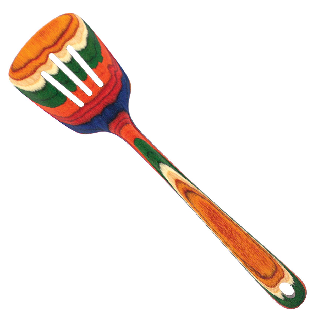 The Utensil: Marrakesh Slotted Wooden Spatula - Birch features a multicolored striped handle and a slotted wooden head, shown angled on a white background.