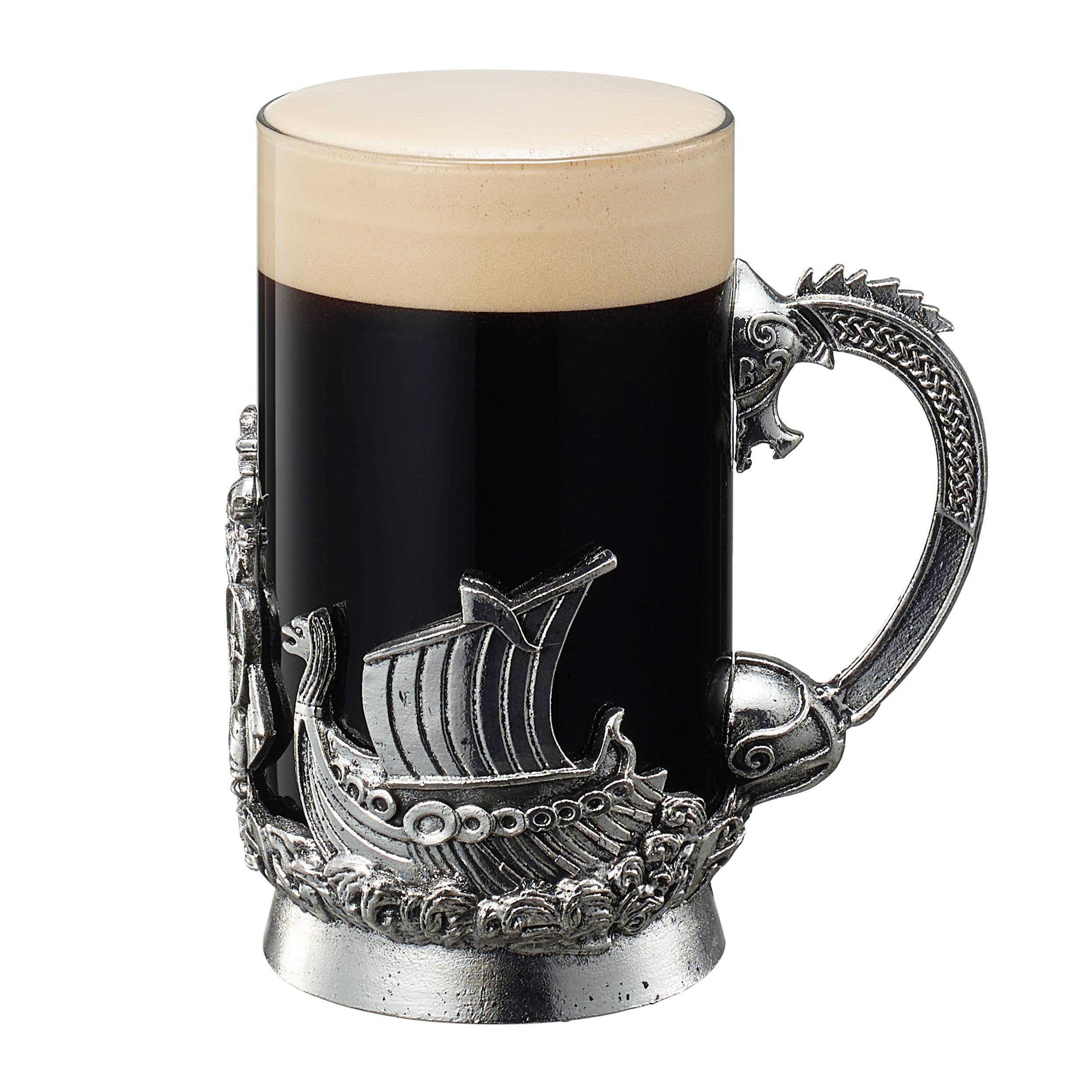 The Mug: Viking & Mythological Pewter Glass – 18 oz features a glass body filled with dark beer, foam on top, and a pewter base and handle shaped like a Viking ship and dragon, bringing Norse tradition to classic drinkware.