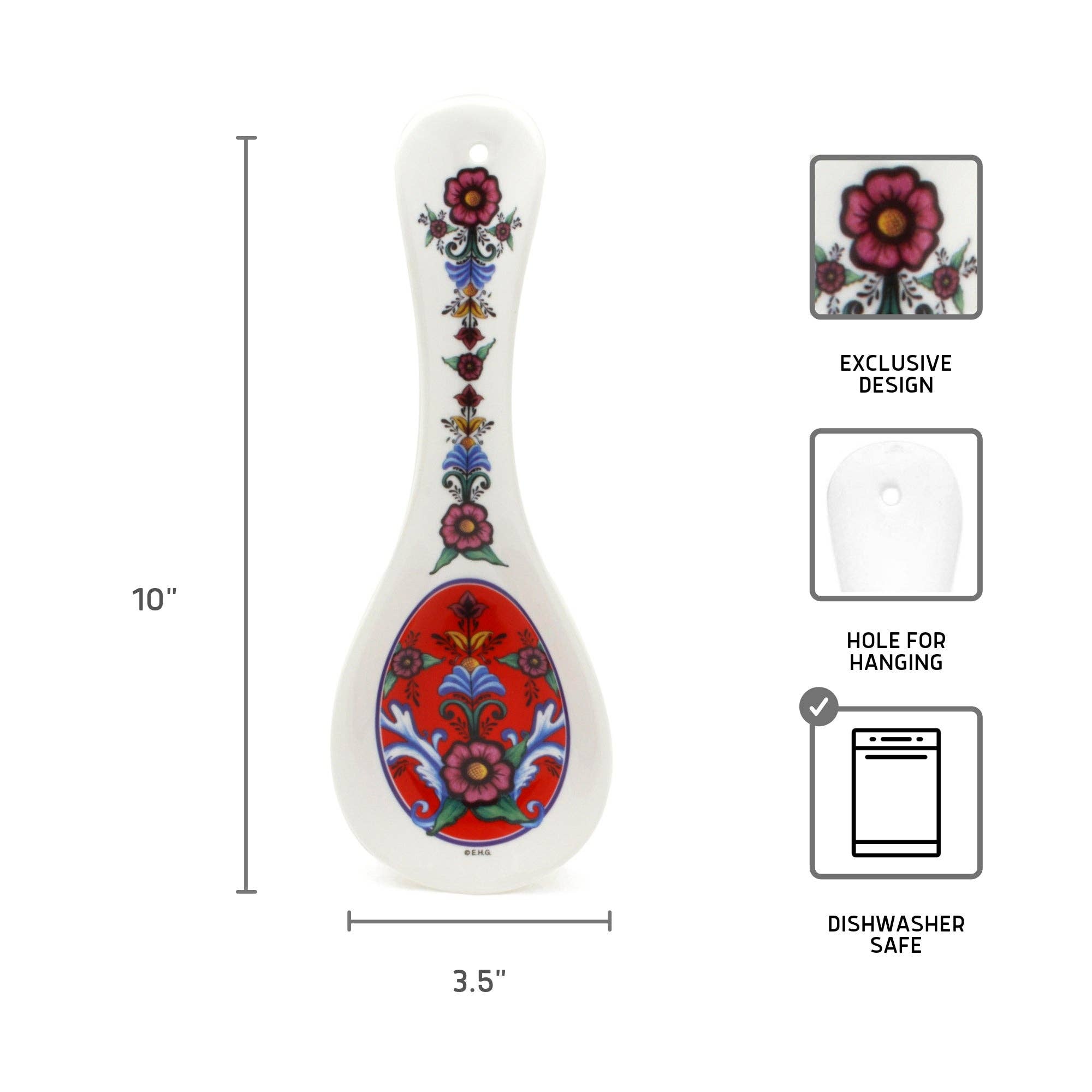 The Spoon Rest: Rosemaling Red Kitchen Spoon Rest features a vibrant floral motif inspired by Scandinavian design. It measures 10 x 3.5, features a hanging hole, and is dishwasher safe.