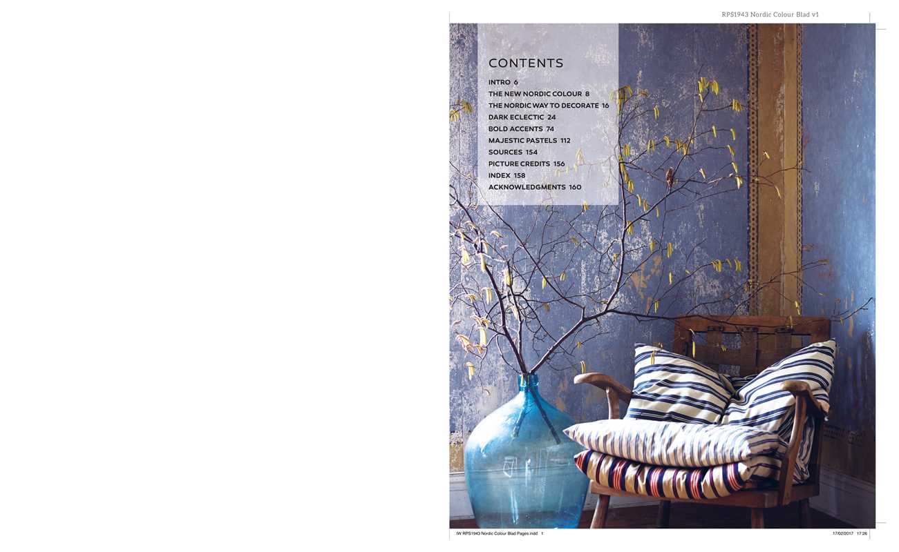 Against a textured blue wall, a chair with striped cushions sits beside a vase of bare branches, evoking Scandinavian style. On the right, the contents page of New Nordic Colour by Antonia af Petersens is overlaid.