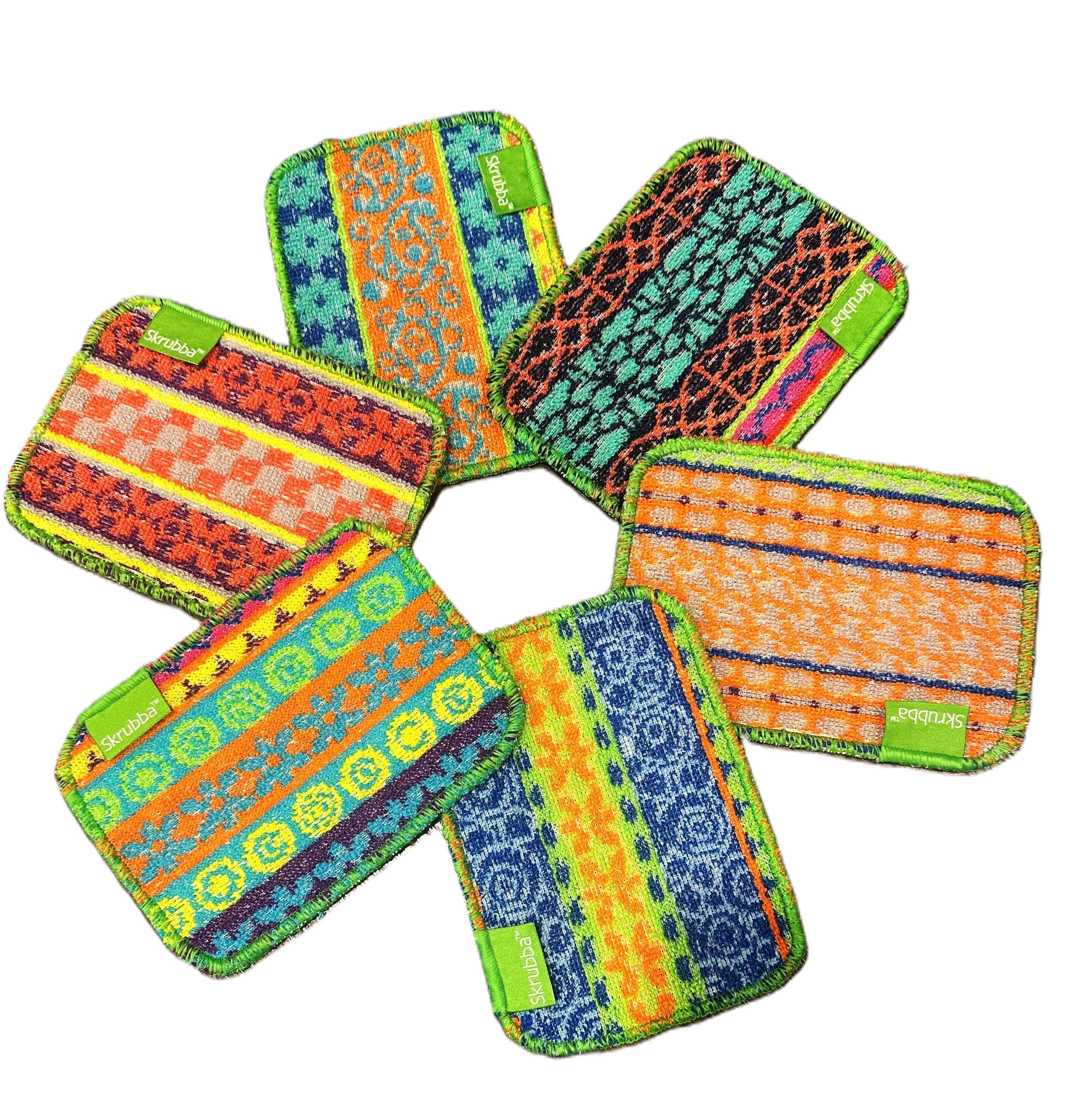 Six Scrubby: Vogue Skrubba Cloths with colorful patterns are displayed in a circle on a white background—each eco-friendly pad works as a scouring cloth for tough messes.