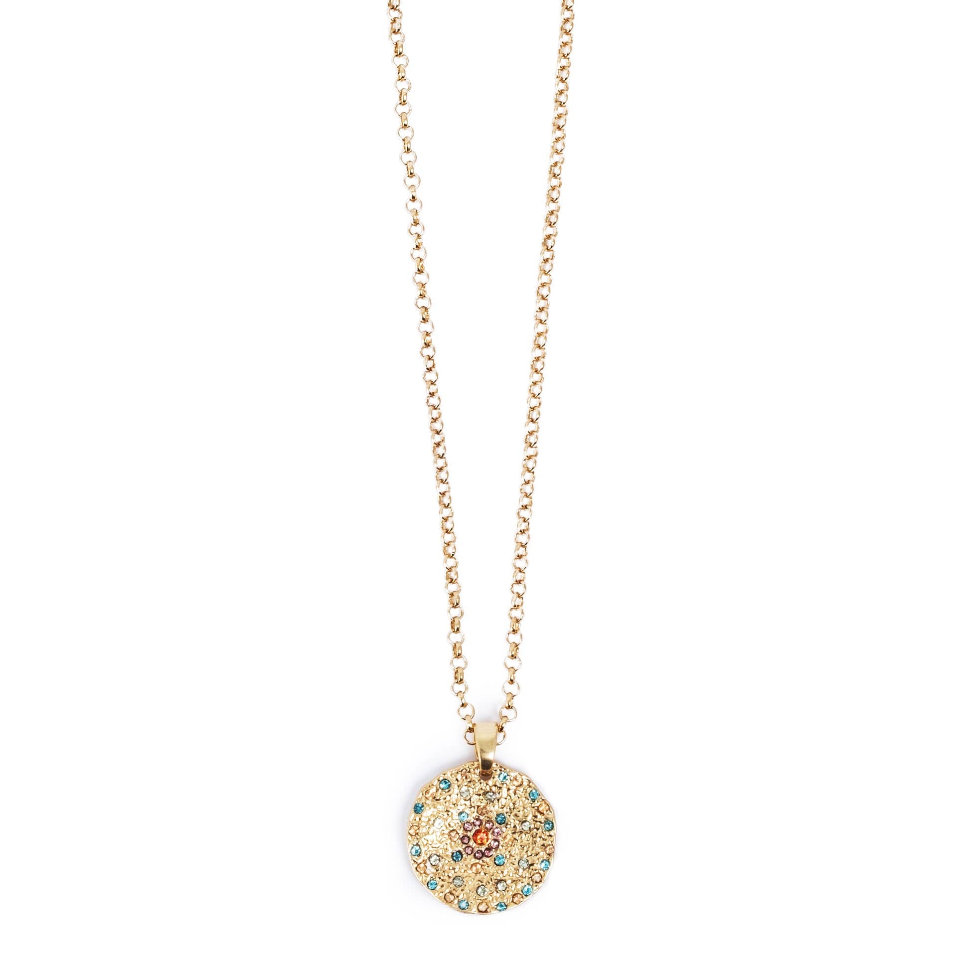 A&C Oslo Vibrance Gold Coin Necklace with a round, textured pendant adorned with colorful stones—ideal for layering. Shown on a white background.