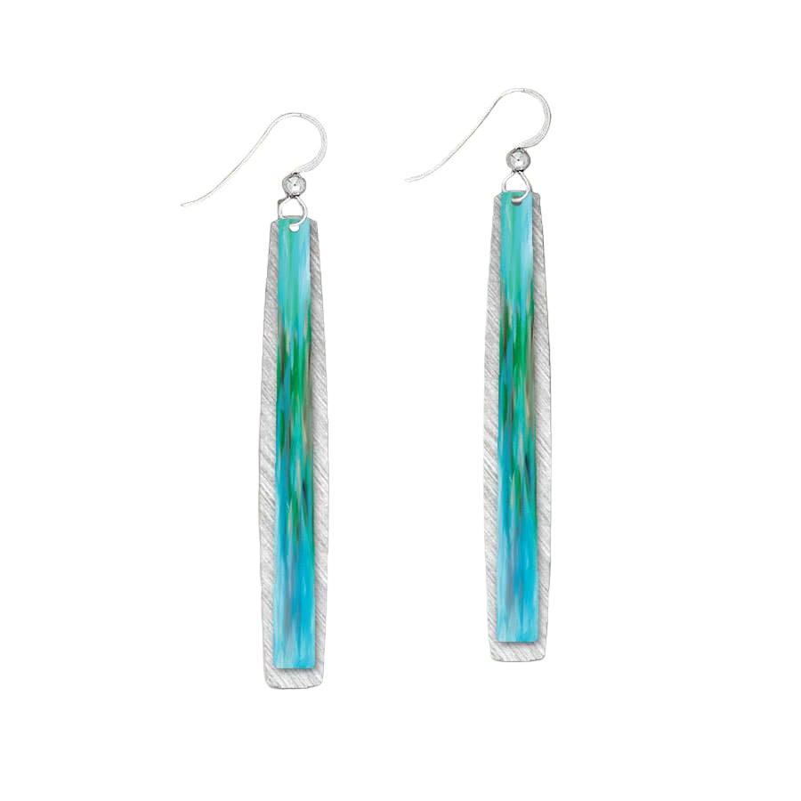 Add elegance to any look with Earrings: Aqua Abstract Icicle Multilayer Handmade Earrings—long, rectangular earrings featuring silver frames, blue-green gradient designs, hypoallergenic hooks, and a small clear bead accent.