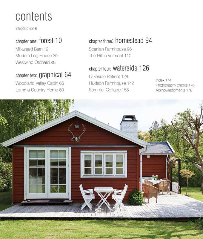 A small red wooden cabin with white-trimmed doors and windows on a wooden deck in a grassy yard reflects the relaxed rustic style from Relaxed Rustic: Bring Scandinavian Tranquility & Nature into Your Home by Niki Brantmark.