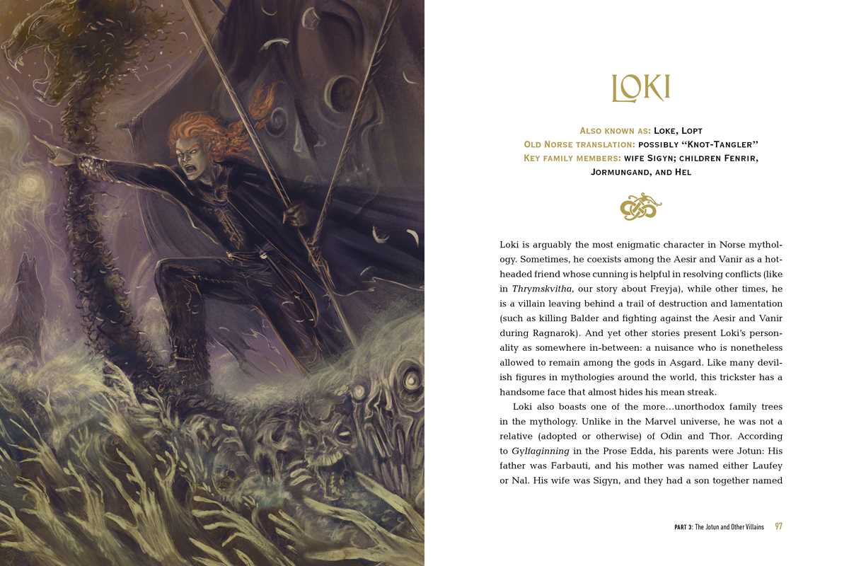 Illustration of Loki with spear in a dark forest, wolves and snake close; text discusses Loki’s role and family among Norse gods—an engaging scene from Book: Norse Mythology: The Gods, Goddesses, and Heroes Handbook by Kelsey A. Fuller-Shafer.