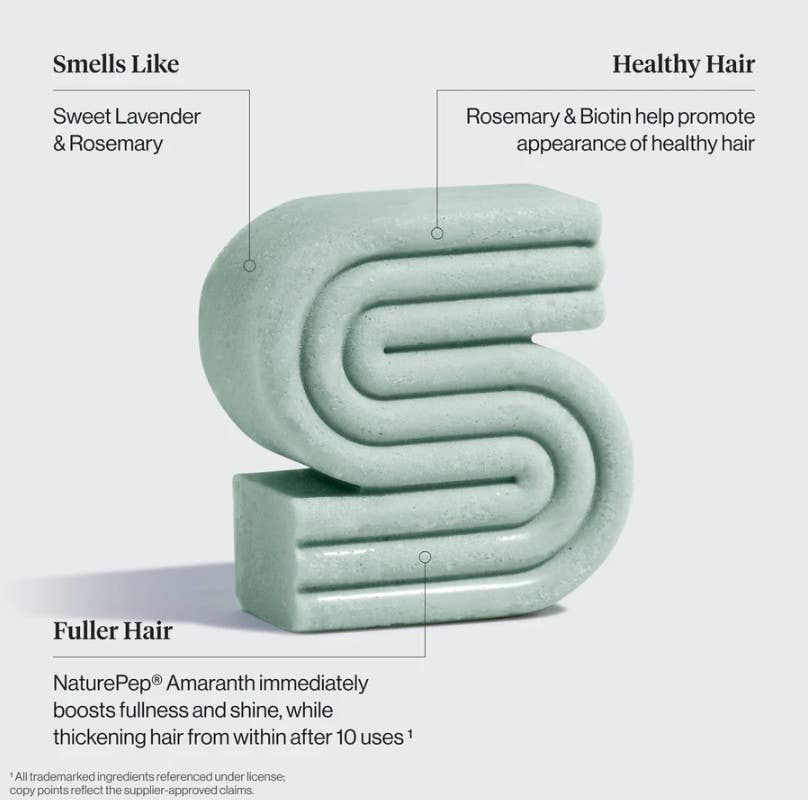 The Kitsh Hair: Rosemary & Biotin Volumizing Shampoo & Conditioner Bar Combo (2 bars, 2.7oz each) is shown, highlighting its lavender and rosemary scent, sulfate-free formula, and claims to promote fuller, healthier hair.