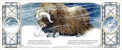 Inspired by Book: Cozy by Jan Brett, this illustrated scene features a musk ox and a small white animal in a snowy, windy Alaska landscape, with decorative borders and story text evoking an animal friendship children's book.