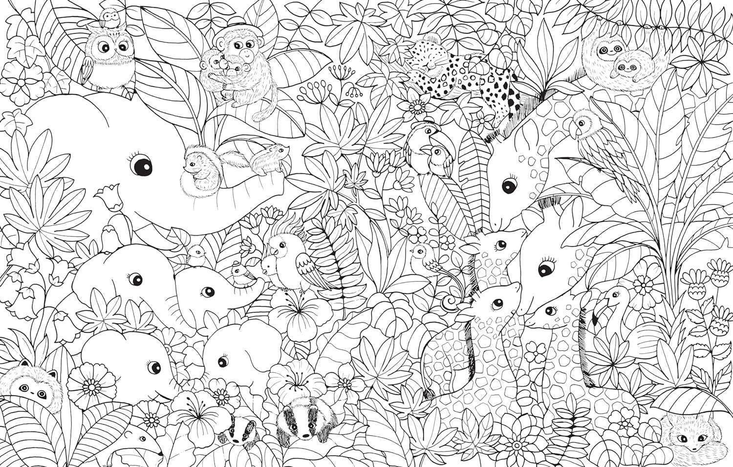Line drawing of elephants, giraffes, a leopard, monkeys, birds, and owls in lush foliage—perfect for kids or adults who love baby animals. Inspired by A Million Baby Animals Coloring Book by Lulu Mayo.
