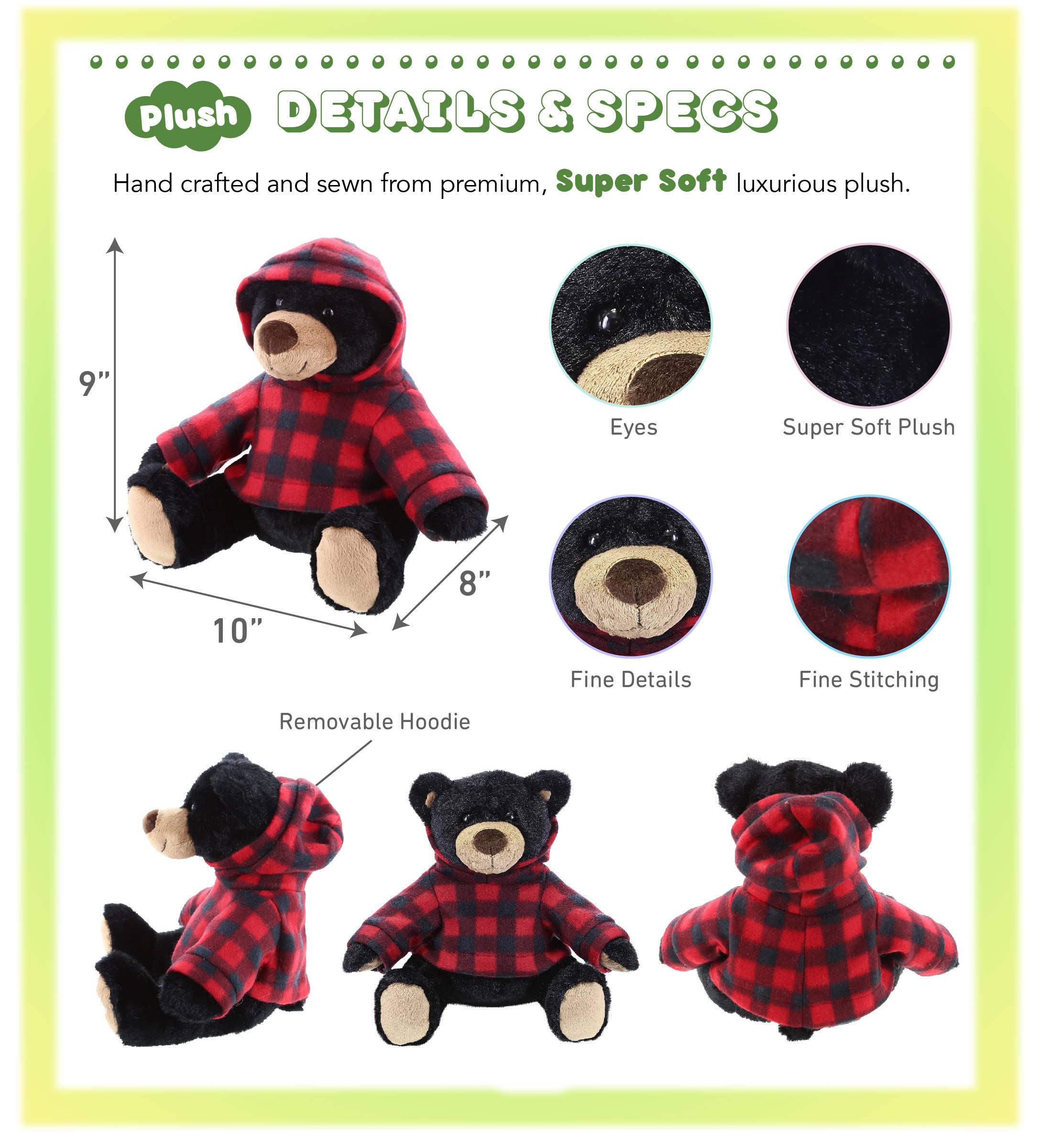 The Plush: Super Soft Black Bear Stuffed Animal With Red Plaid Hoodie measures 9x10x8, features fine details and precise stitching, and is perfect for woodland plush fans or anyone who loves a charming black bear.