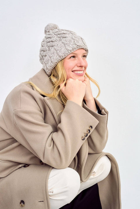 Hat: Clifden Cable Aran Hat with Pom Poms - Oat: One Size