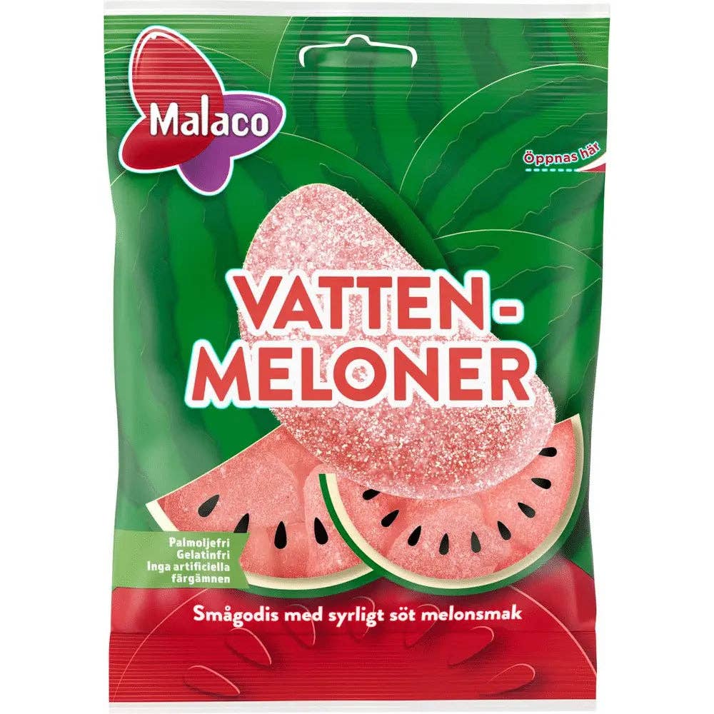 A 90g (3.17 oz) bag of Malaco Watermelon Swedish Gummy Candy, featuring sugar-coated, watermelon-shaped gummies on a green and red background—ideal for fans of fruity Swedish treats.