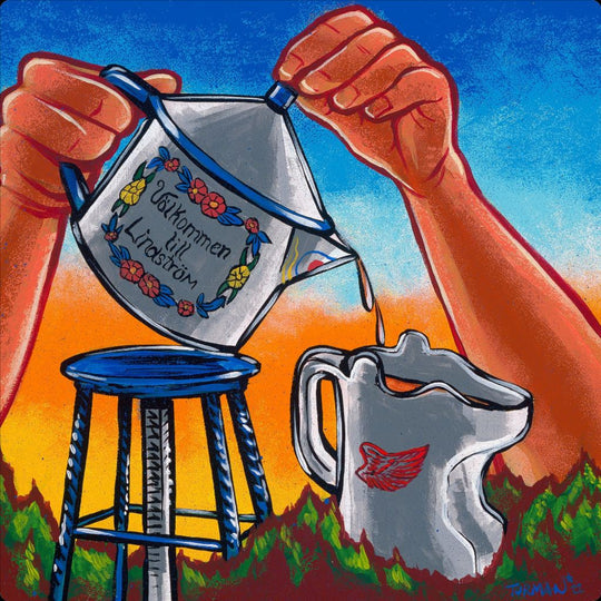 A vibrant illustration features hands pouring liquid from an "Artwork: Bottomless Tea Pot Lindstrom Water tower 12 x12" into a uniquely shaped mug on a stool, all set against a stunning sunset backdrop.