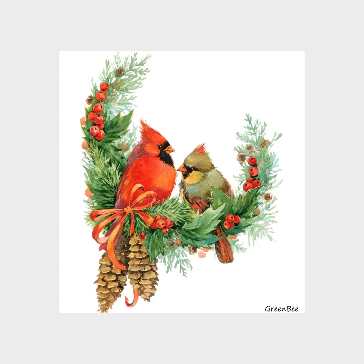 Swedish dishcloth featuring a watercolor illustration of two cardinals on a pine branch wreath with red berries, pinecones, and a red bow.